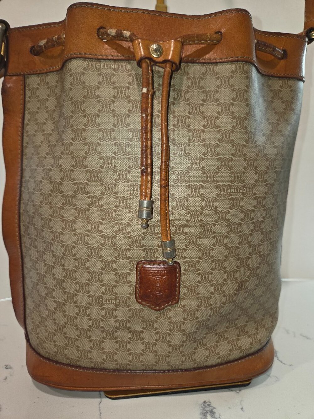 Vintage Celine Macadam Monogram Drawstring Bucket Bag Beige Tan M90
